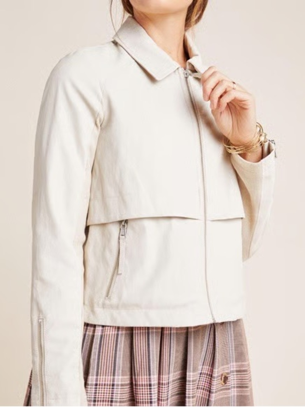 Anthropologie Women's Cream Zip-Front Leather Jacket